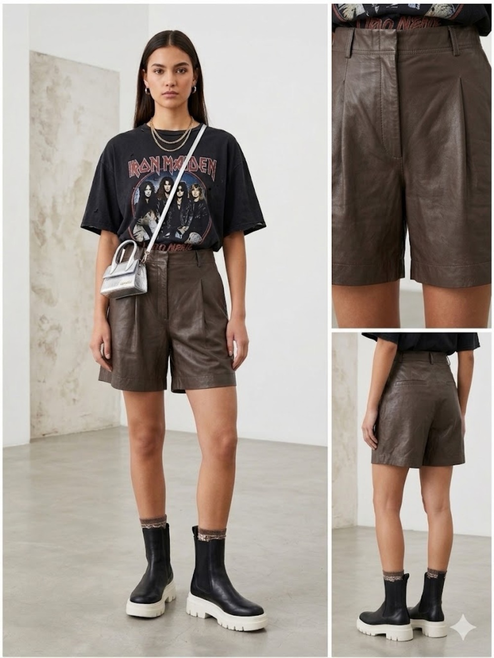 Lafayette 148 New York Chocolate Brown High-Waist Leather Shorts